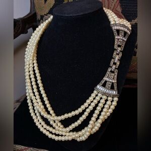 Heidi Daus 5-Strand Faux Pearl Art Deco Swarovski Crystals Clap Necklace